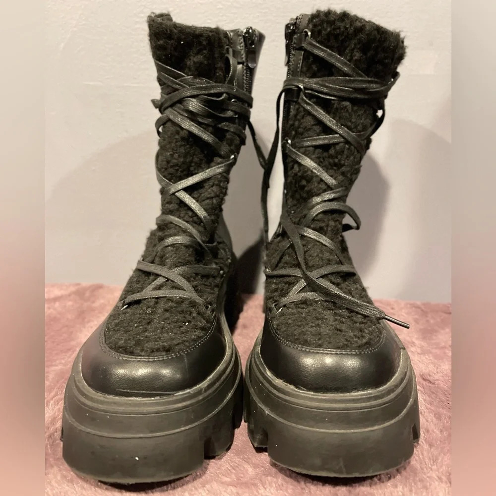 Black Leather Sherpa Tie Up Platform Boots - Picture 3 of 5